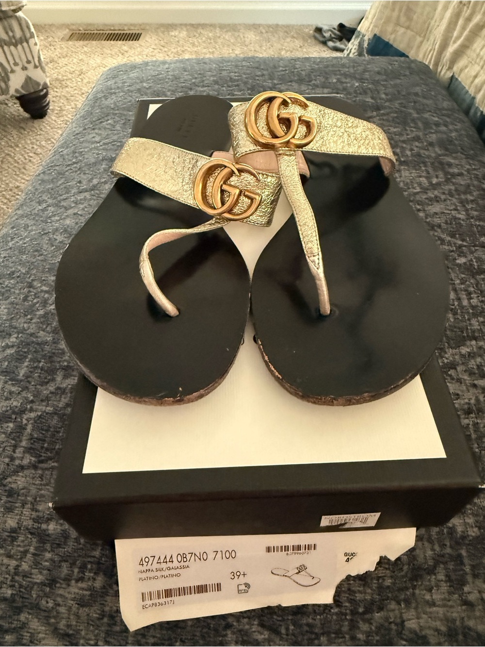 Gucci Gold Leather Double G Thong Sandals
